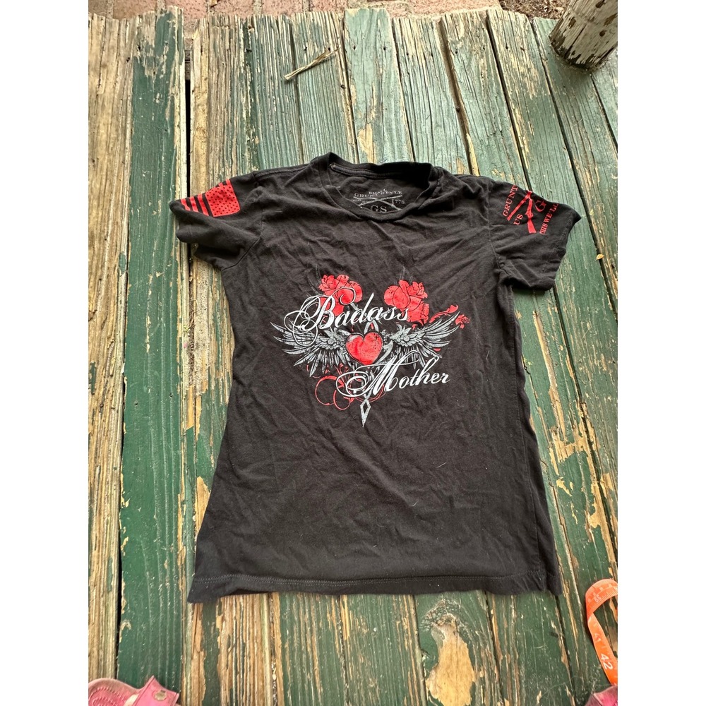 Grunt Style Badass Mother Graphic T-Shirt Black Small Roses Wings Flag Sleeve